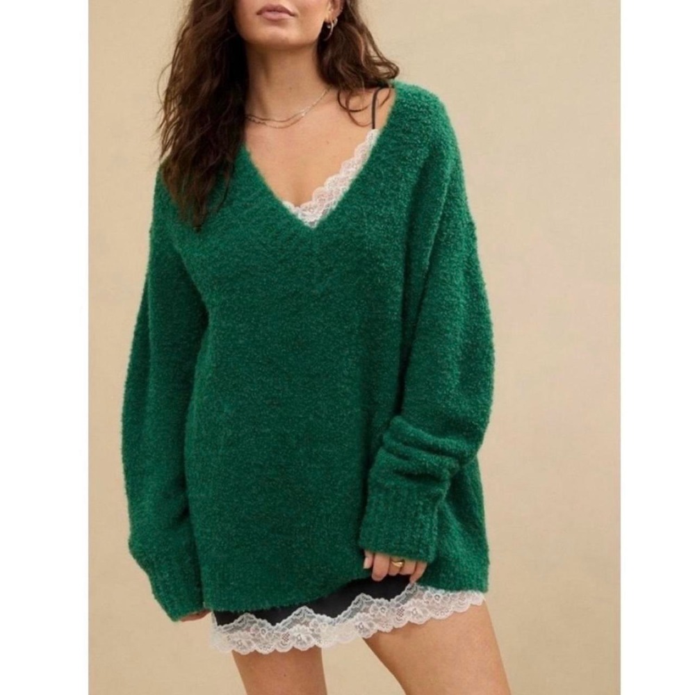 Aerie Womens Emerald Green V-Neck Oversized Fuzzy Wool Blend Sweater Small NWT